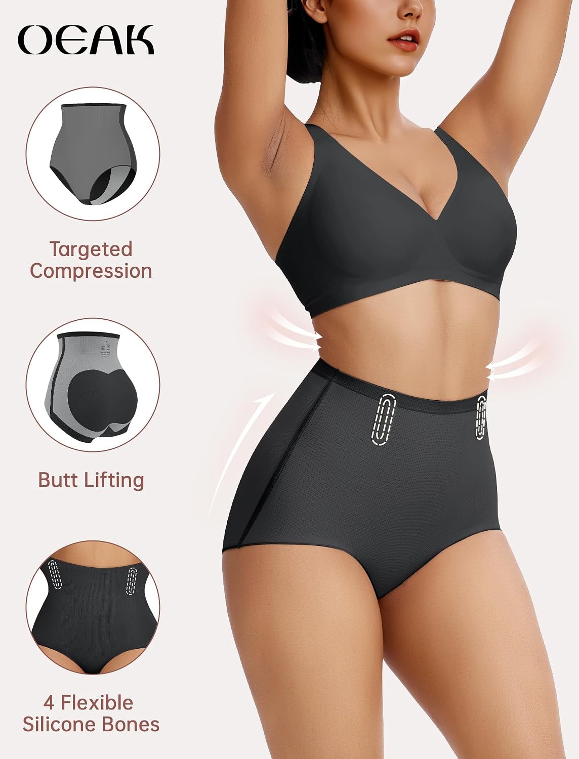 image:imageOEAK Tummy Control Shapewear Briefs Black amp Supportive Wireless Bras Coffee M