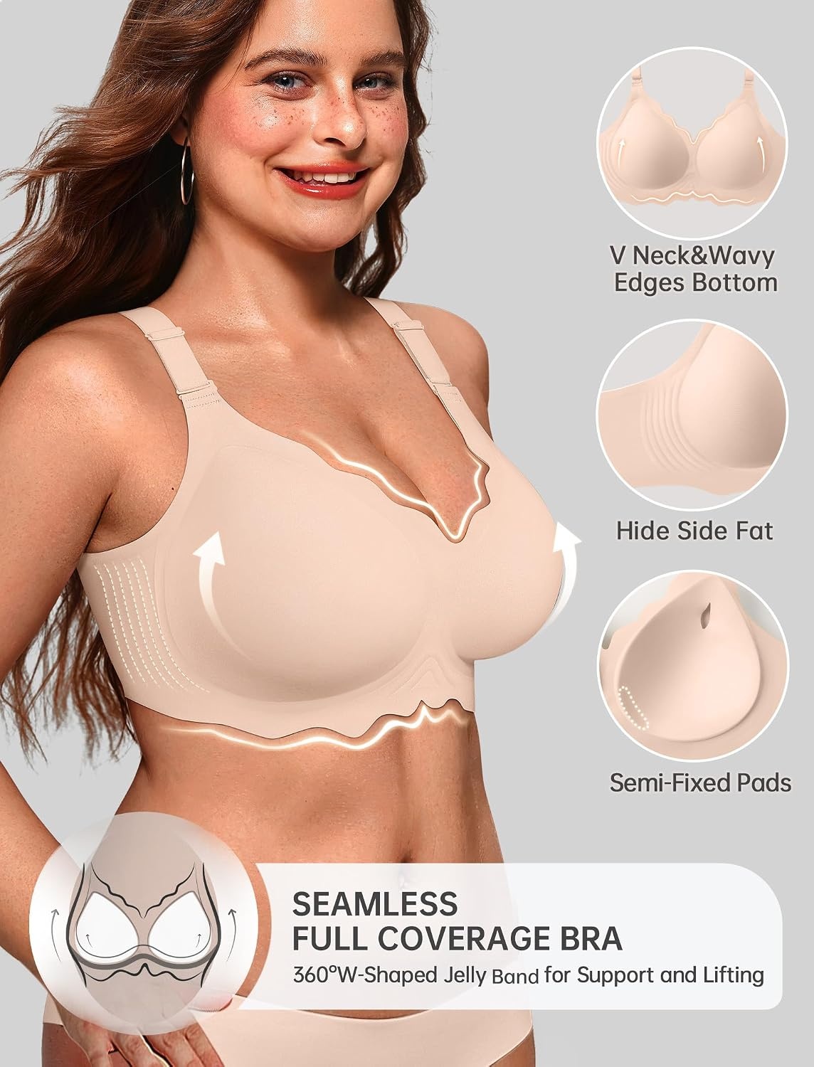 image:imageOEAK Women Scalloped Push Up Bras Nude STummy Control Shapewear Thigh Slimmer Nude S
