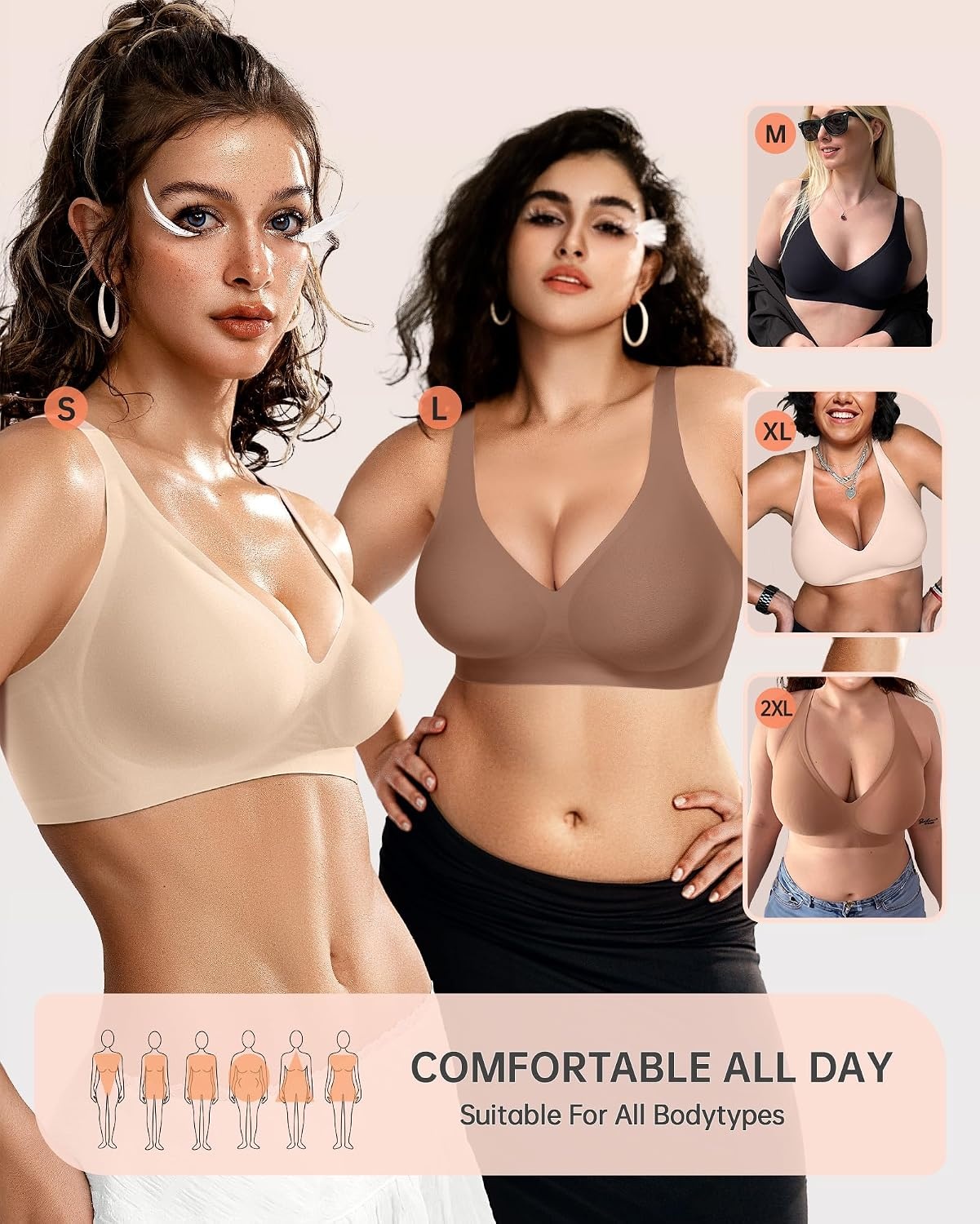 image:imageOEAK Womens Deep V Bras Wireless Bras Beige amp Tummy Control Shapewear for Women Seamless Nude L