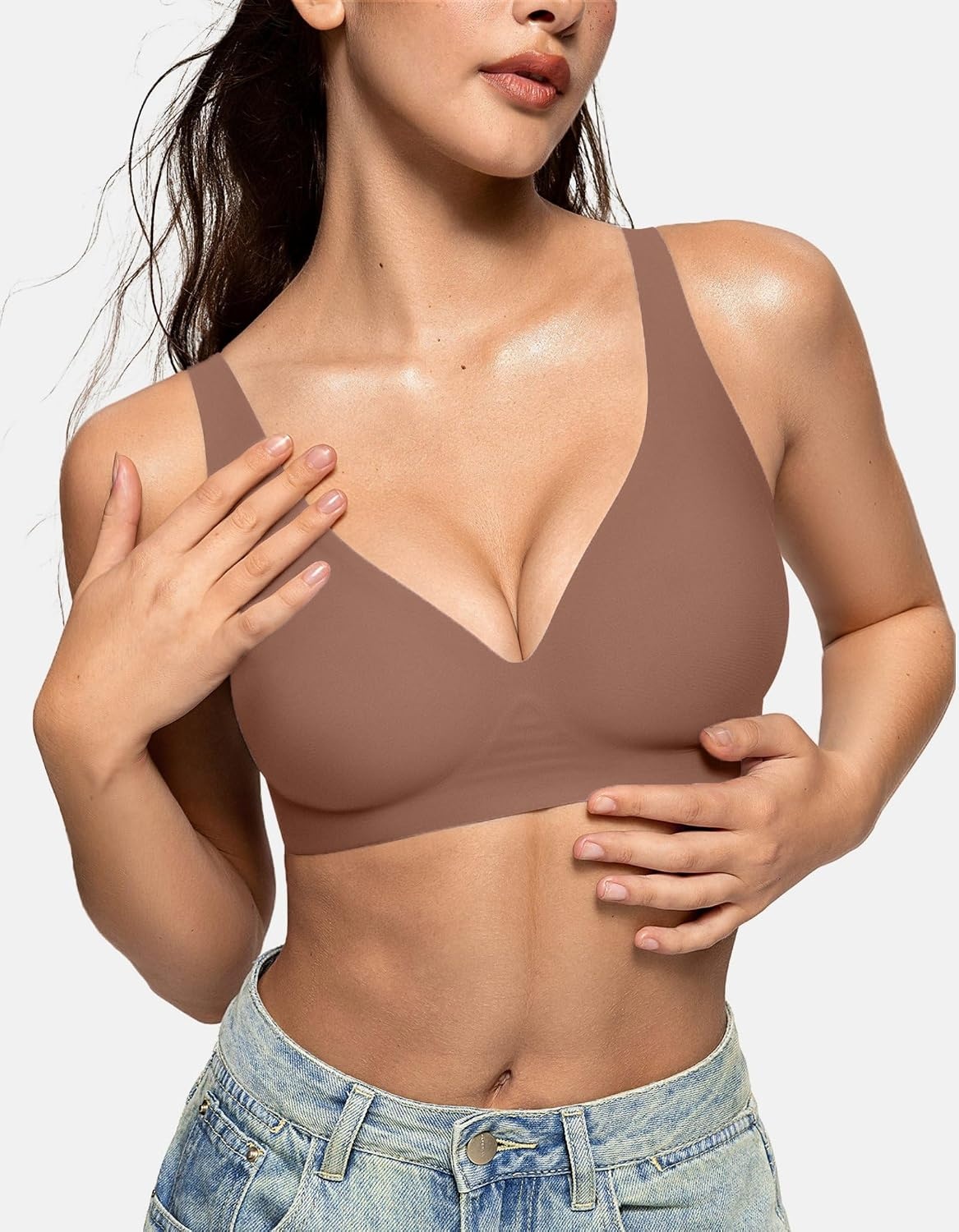 image:imageOEAK Womens Deep V Bras Wireless Bras Coffee amp Tummy Control Shapewear for Women Seamless Nude L