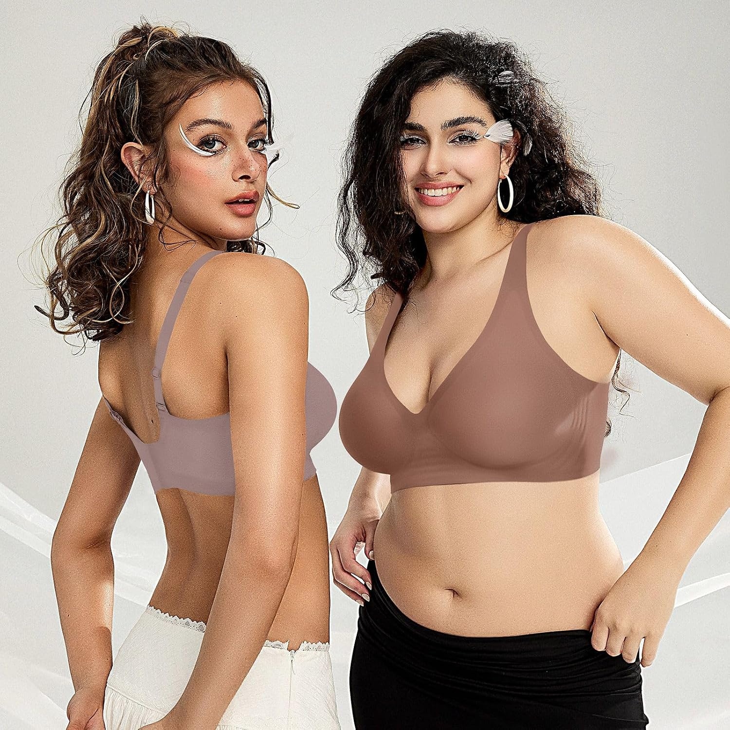 image:imageOEAK Womens Deep V Bras Wireless Bras Coffee amp Tummy Control Shapewear for Women Seamless Nude L