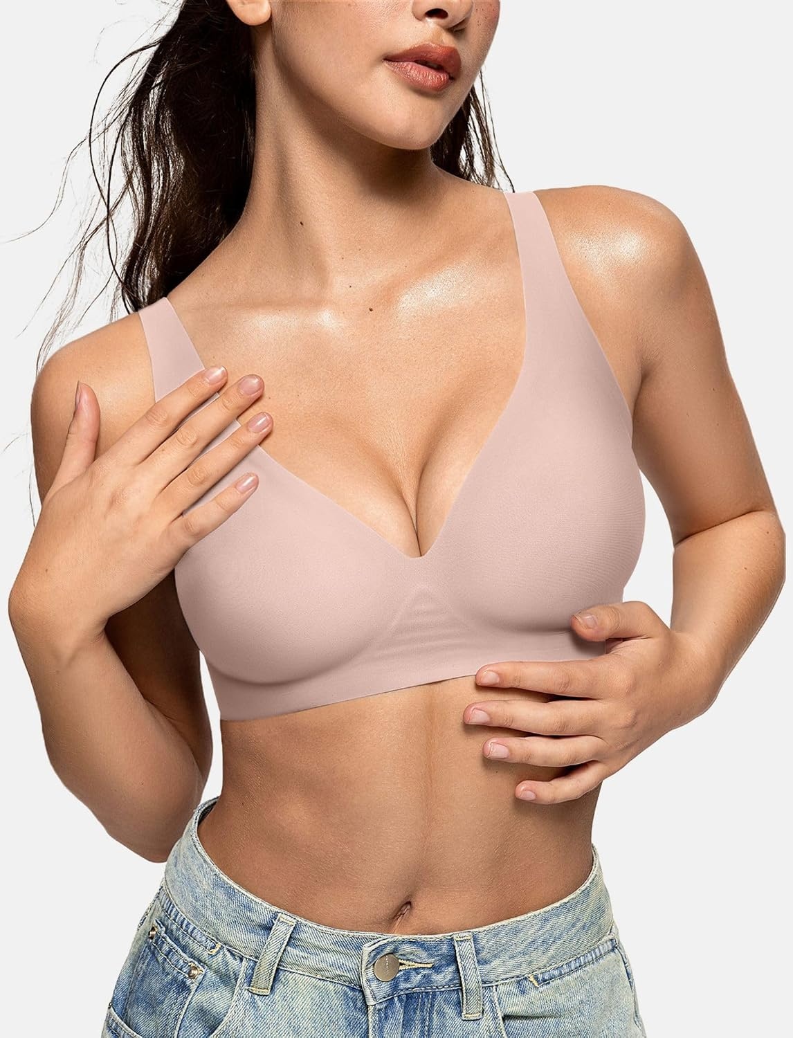 image:imageOEAK Womens Deep V Bras Wireless Bras amp Tummy Control Shapewear for Women Seamless Nude S