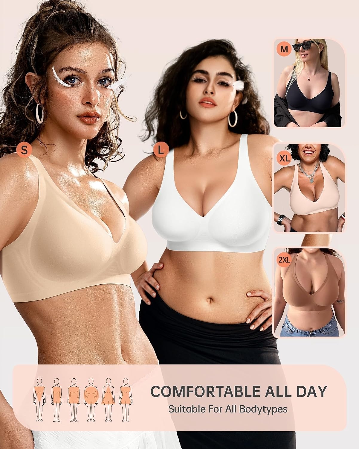 image:imageOEAK Womens Jelly Bras Wireless Deep V Bralette Comfy Push Up Tshirt BrasBeige