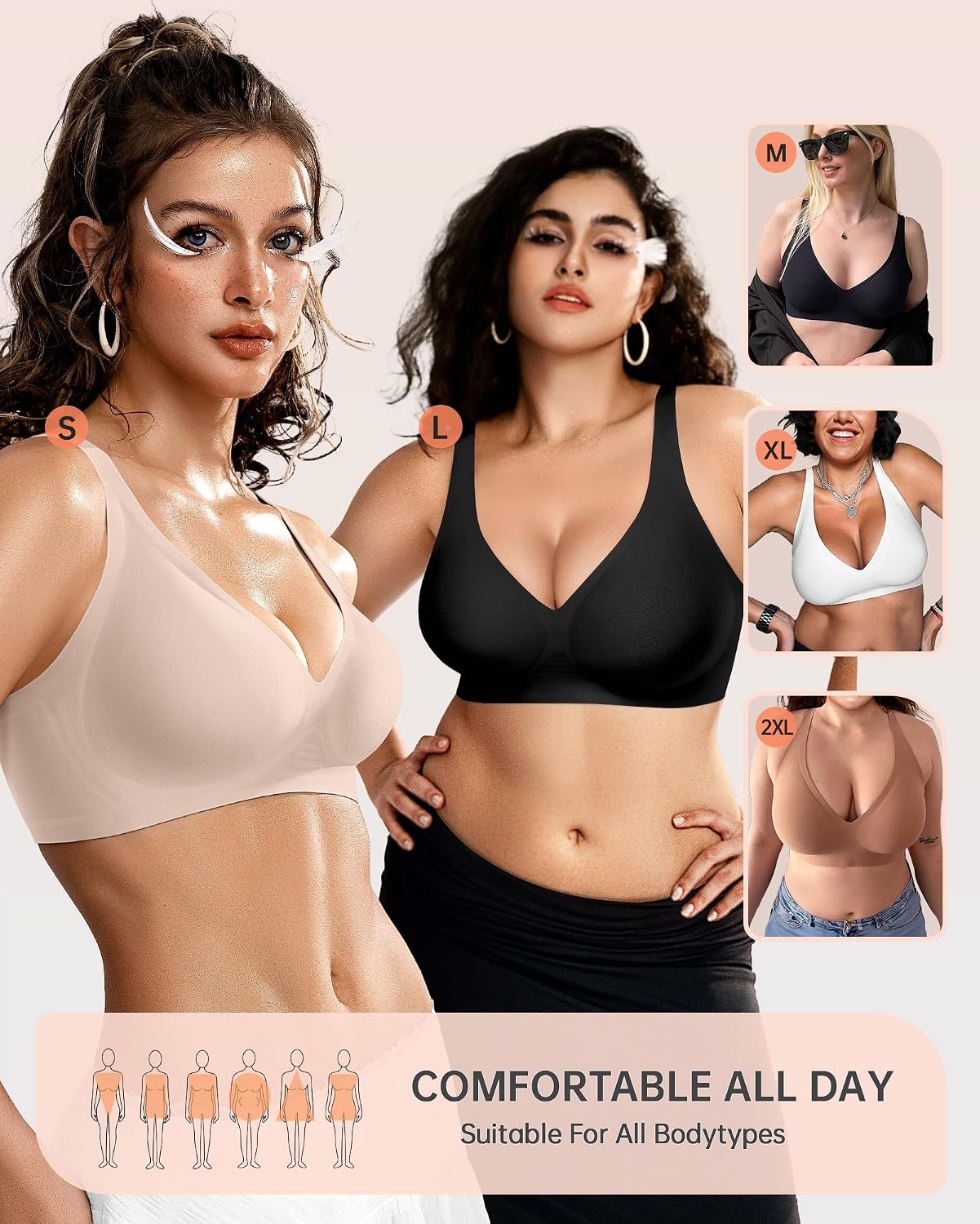 image:imageOEAK Womens Jelly Bras Wireless Deep V Bralette Comfy Push Up Tshirt BrasCarbon Black