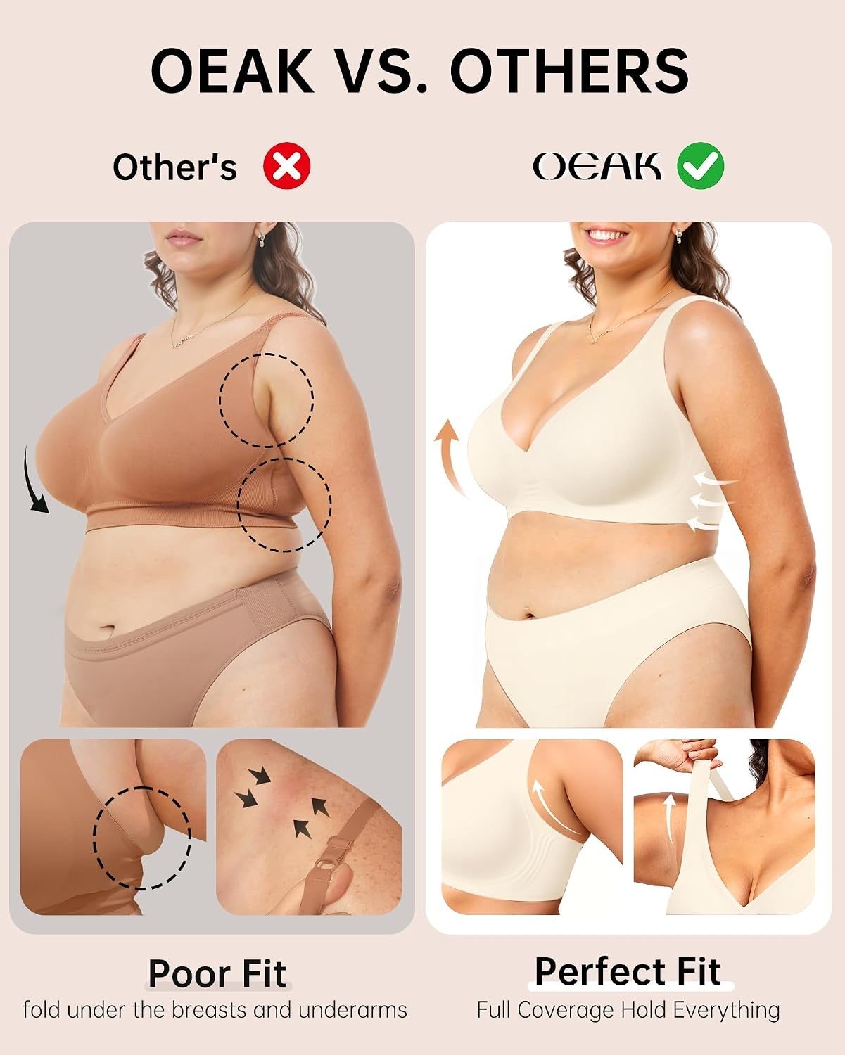 image:imageOEAK Womens Jelly Bras Wireless Deep V Bralette Comfy Push Up Tshirt BrasChampagne