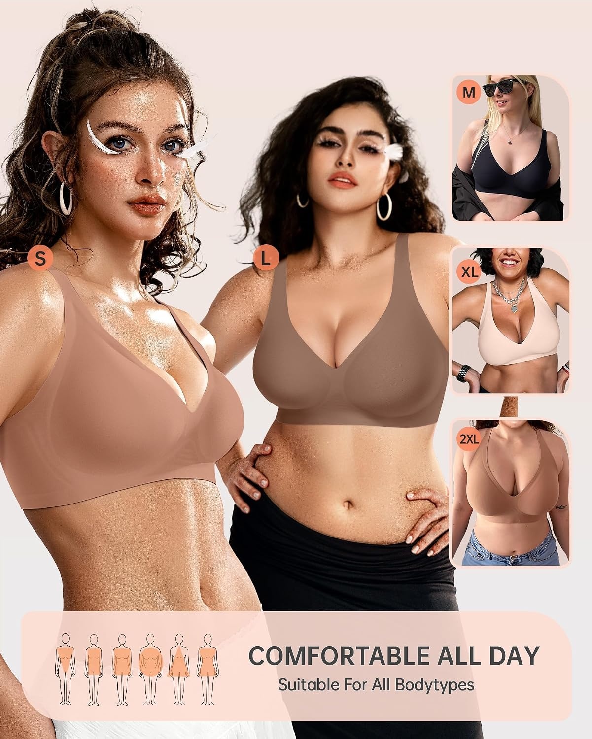 image:imageOEAK Womens Jelly Bras Wireless Deep V Bralette Comfy Push Up Tshirt BrasLatte