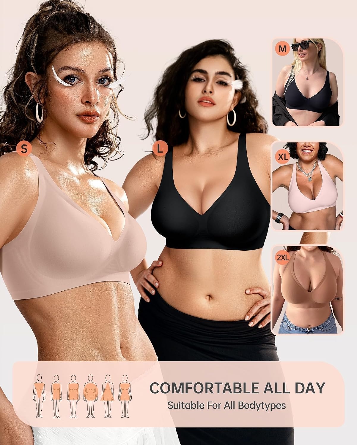 image:imageOEAK Womens Jelly Bras Wireless Deep V Bralette Comfy Push Up Tshirt BrasNude