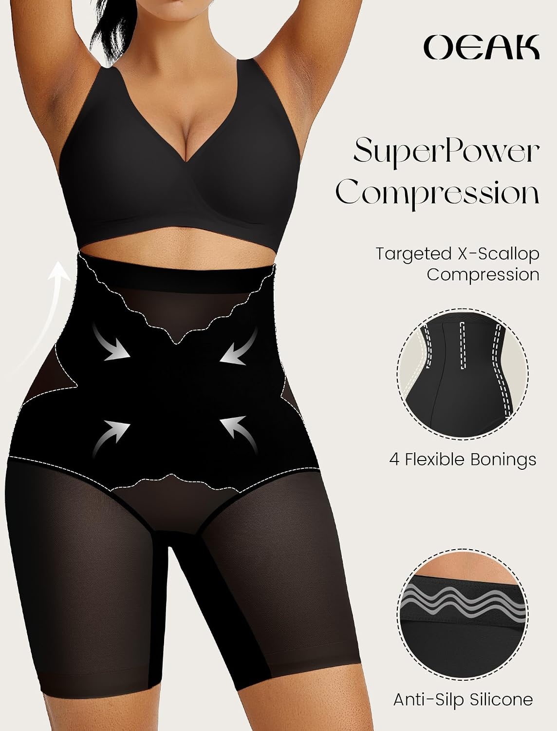 image:imageOEAK Womens Wireless Bras V Mesh Grey amp Tummy Control SuperPower Black M