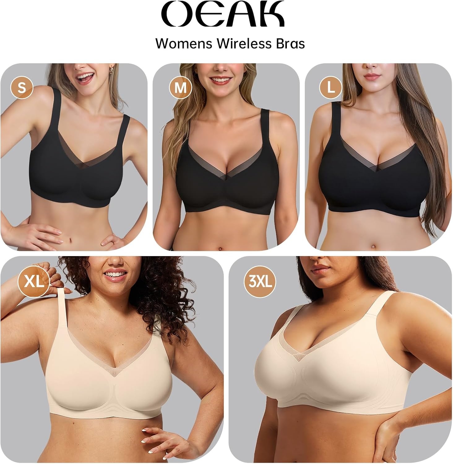 image:imageOEAK Womens Wireless Bras V Mesh amp Tummy Control SuperPower Black L