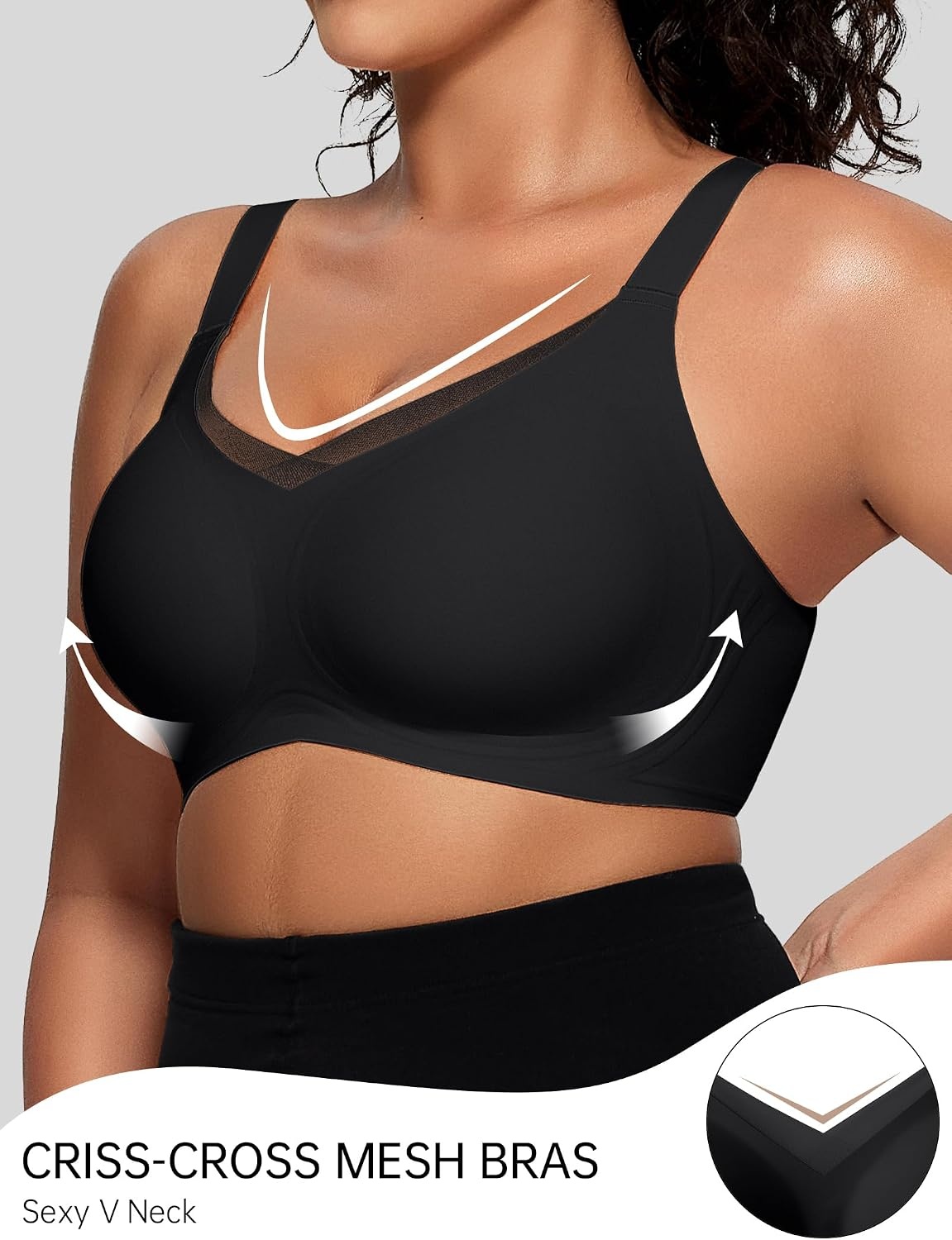 image:imageOEAK Womens Wireless Bras V Mesh amp Tummy Control SuperPower Black L