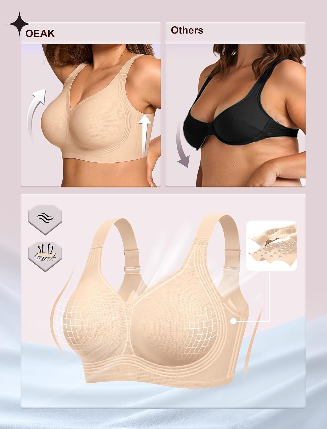 image:imageOEAK Womens Wireless Jelly Bras Plus Size Support Push Up Comfortable BraAiry Nude