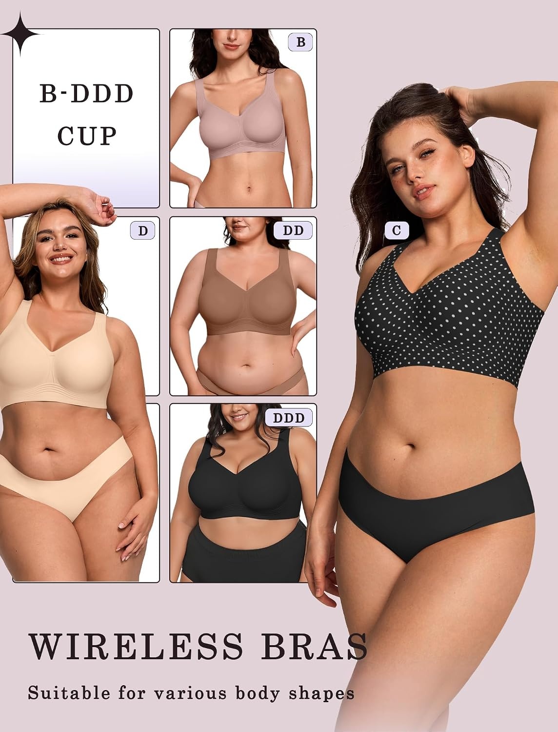 image:imageOEAK Womens Wireless Jelly Bras Plus Size Support Push Up Comfortable BraBlack With White Polka Dot