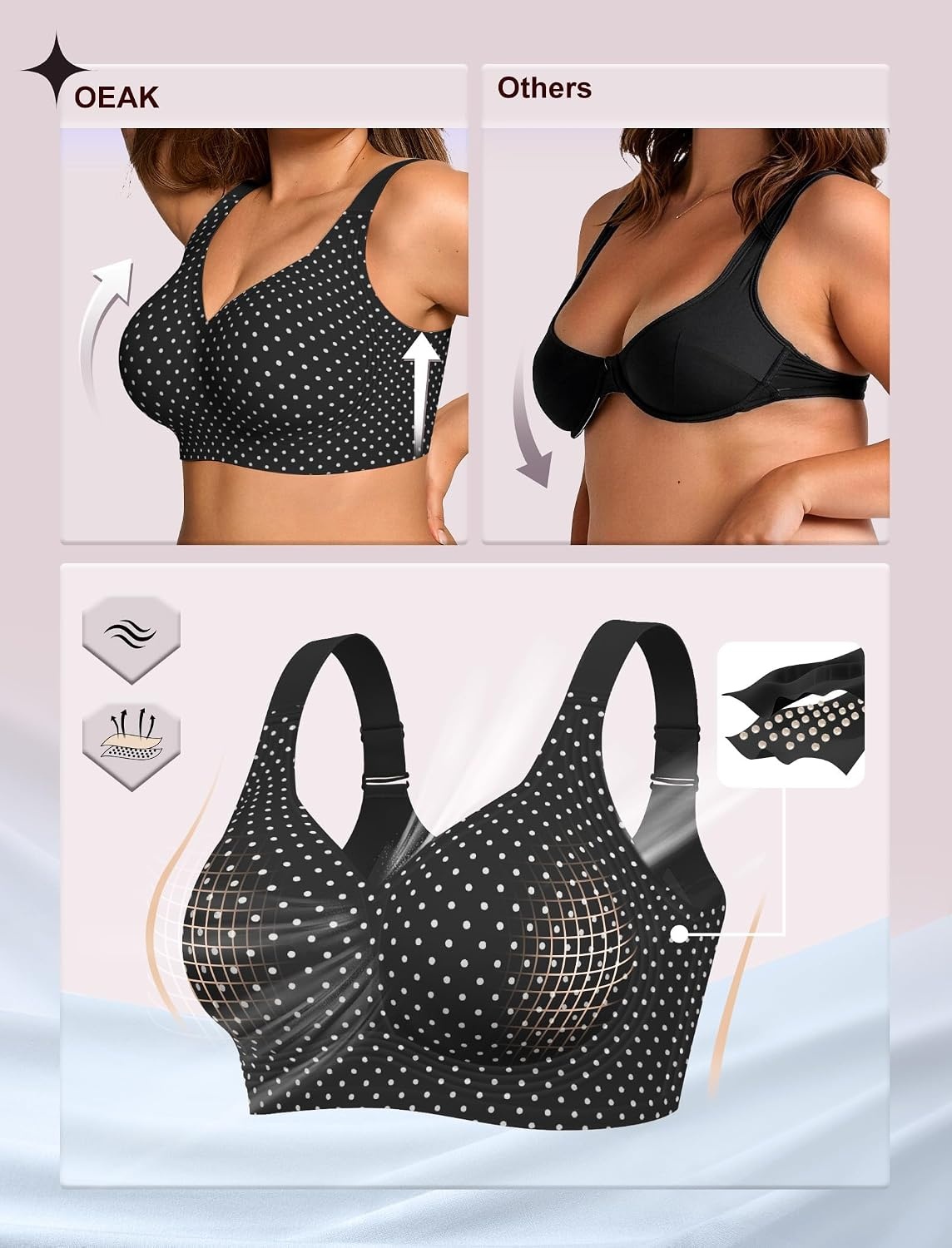 image:imageOEAK Womens Wireless Jelly Bras Plus Size Support Push Up Comfortable BraBlack With White Polka Dot