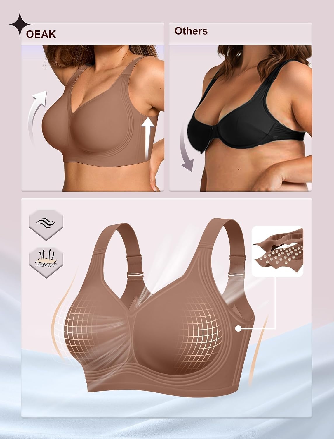 image:imageOEAK Womens Wireless Jelly Bras Plus Size Support Push Up Comfortable BraCoffee