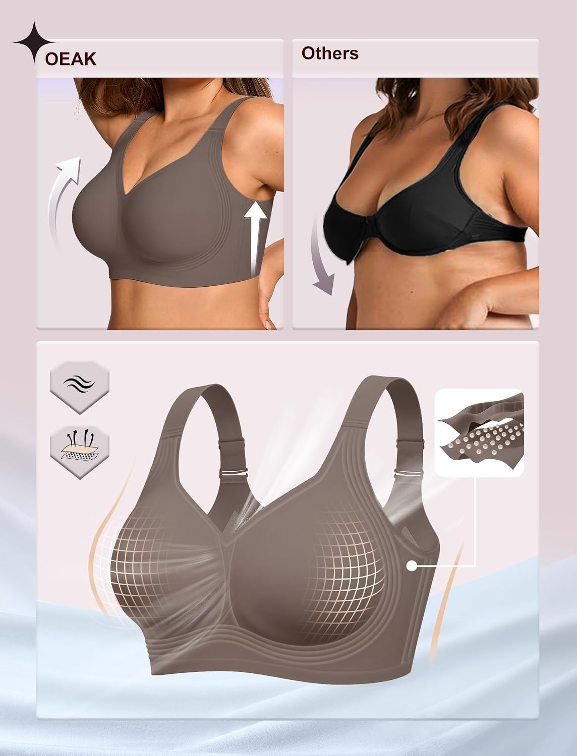 image:imageOEAK Womens Wireless Jelly Bras Plus Size Support Push Up Comfortable BraGrey