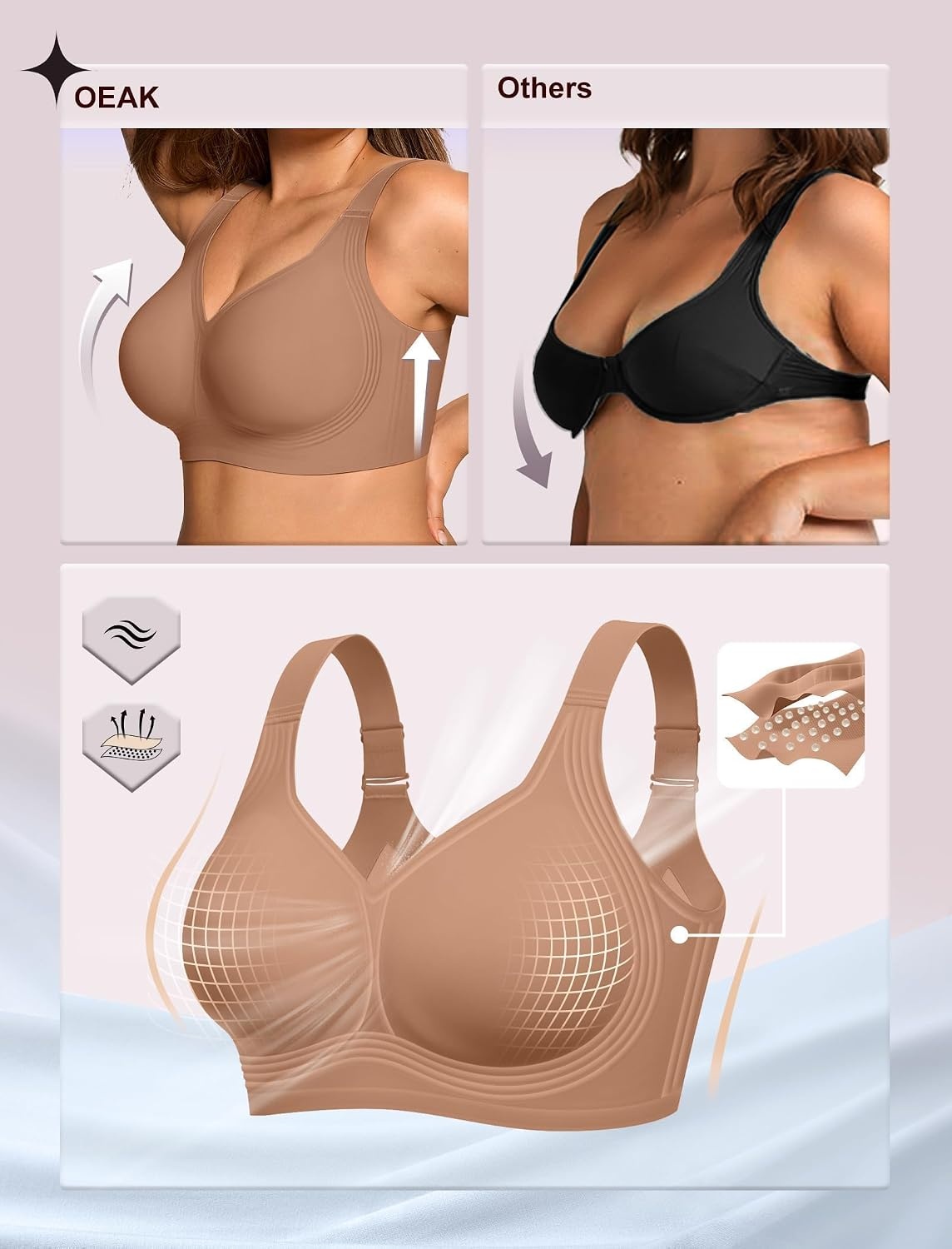 image:imageOEAK Womens Wireless Jelly Bras Plus Size Support Push Up Comfortable BraLatte