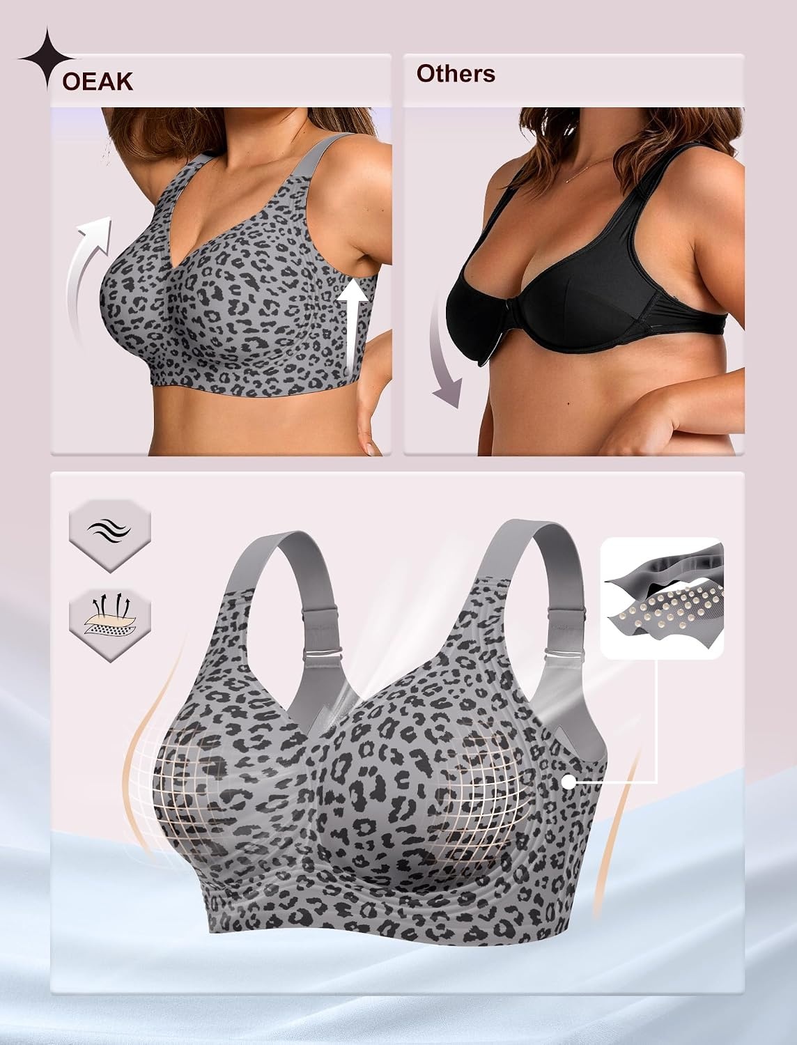 image:imageOEAK Womens Wireless Jelly Bras Plus Size Support Push Up Comfortable BraLeopard Grey