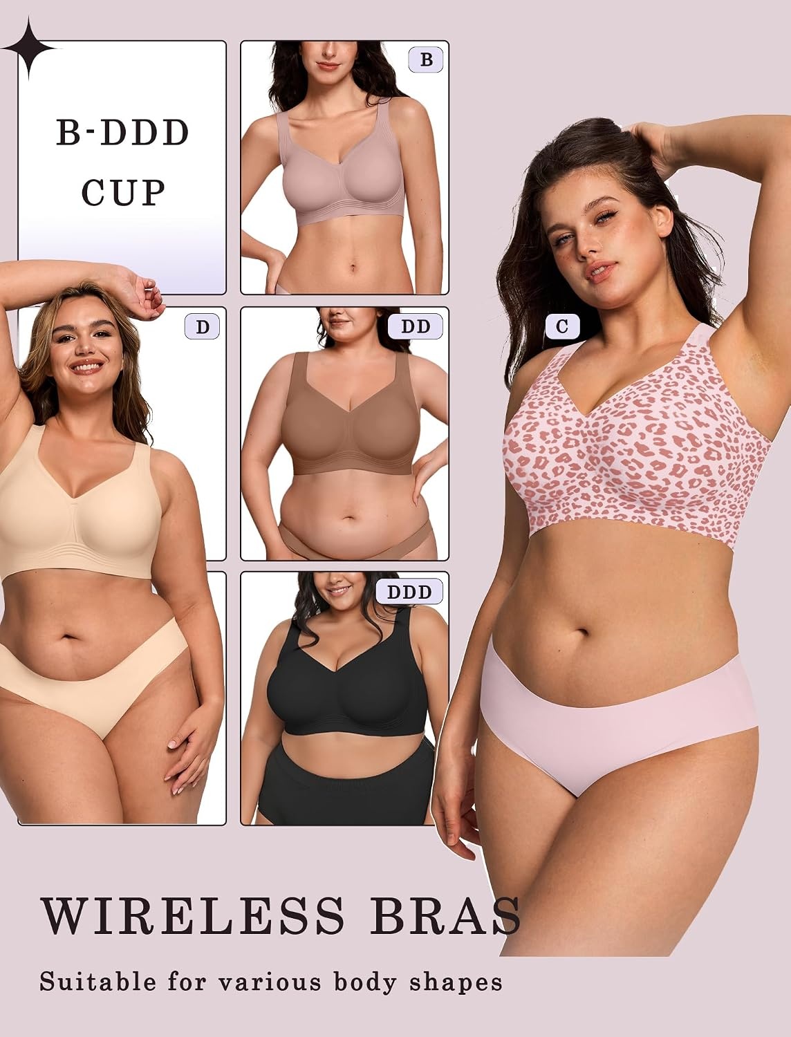 image:imageOEAK Womens Wireless Jelly Bras Plus Size Support Push Up Comfortable BraLeopard Pinkleopard Coffee