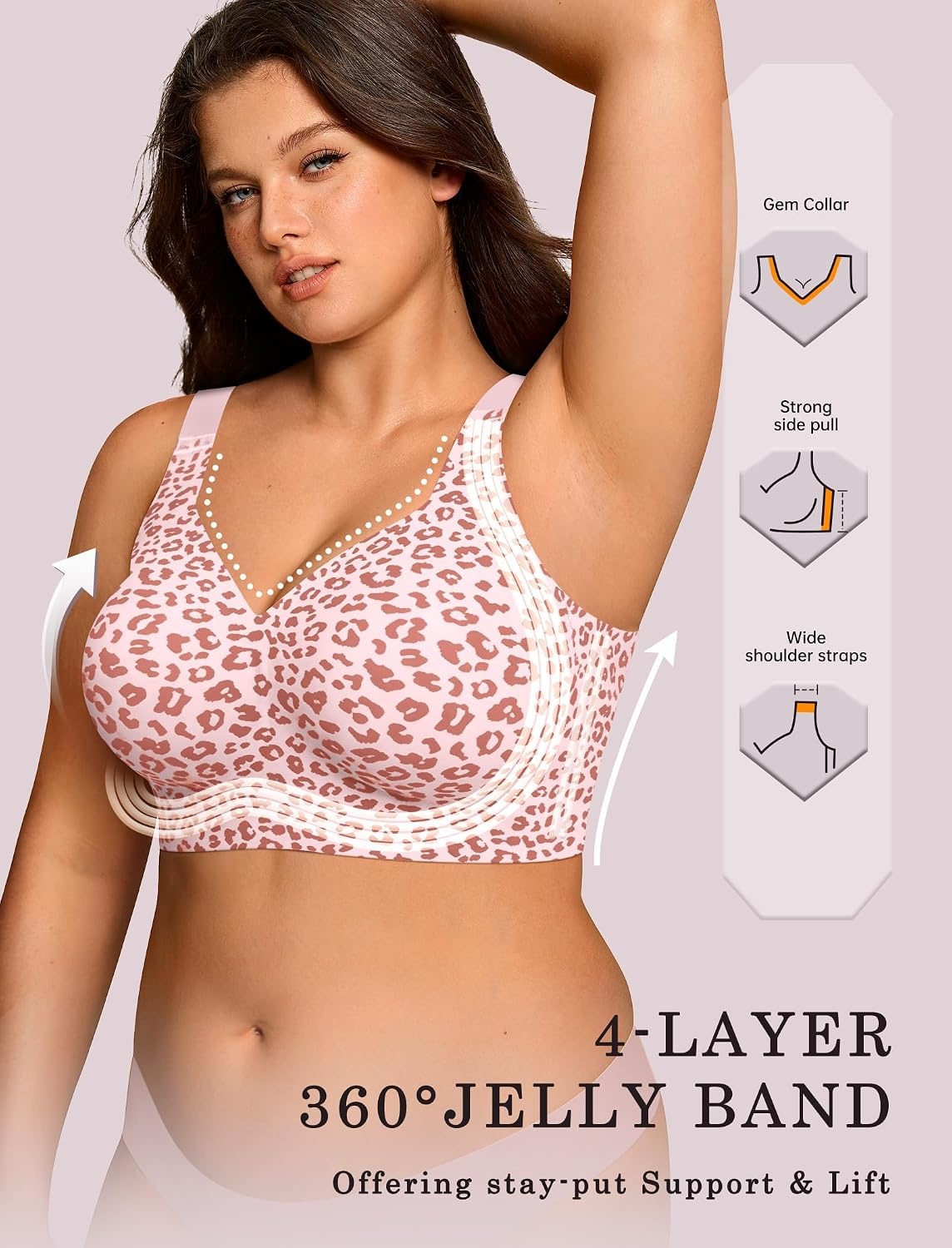 image:imageOEAK Womens Wireless Jelly Bras Plus Size Support Push Up Comfortable BraLeopard Pinkleopard Coffee