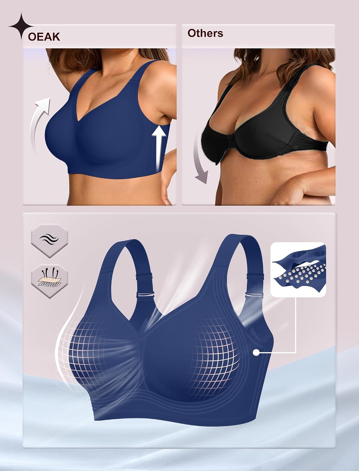 image:imageOEAK Womens Wireless Jelly Bras Plus Size Support Push Up Comfortable BraNavy Blue