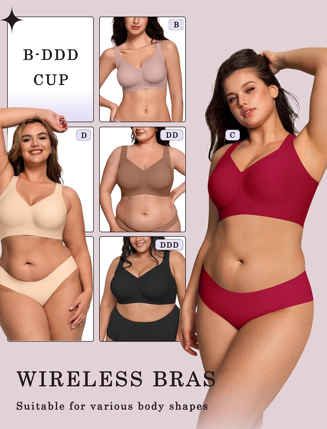 image:imageOEAK Womens Wireless Jelly Bras Plus Size Support Push Up Comfortable BraWine Red