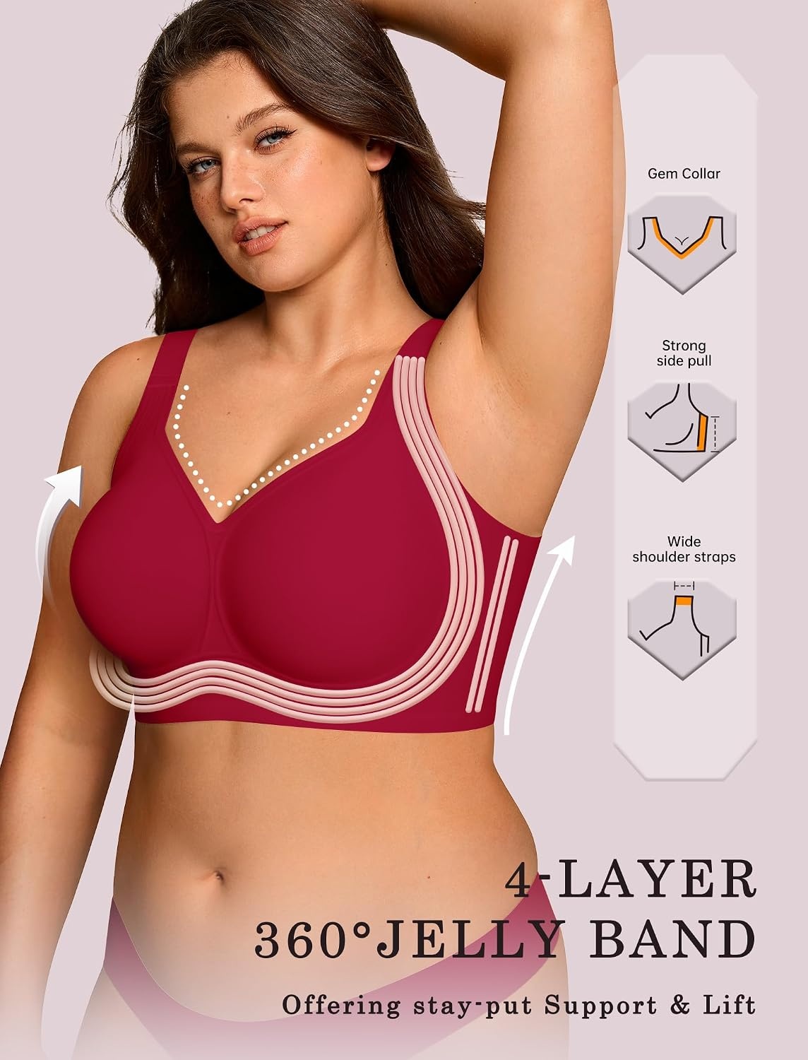 image:imageOEAK Womens Wireless Jelly Bras Plus Size Support Push Up Comfortable BraWine Red