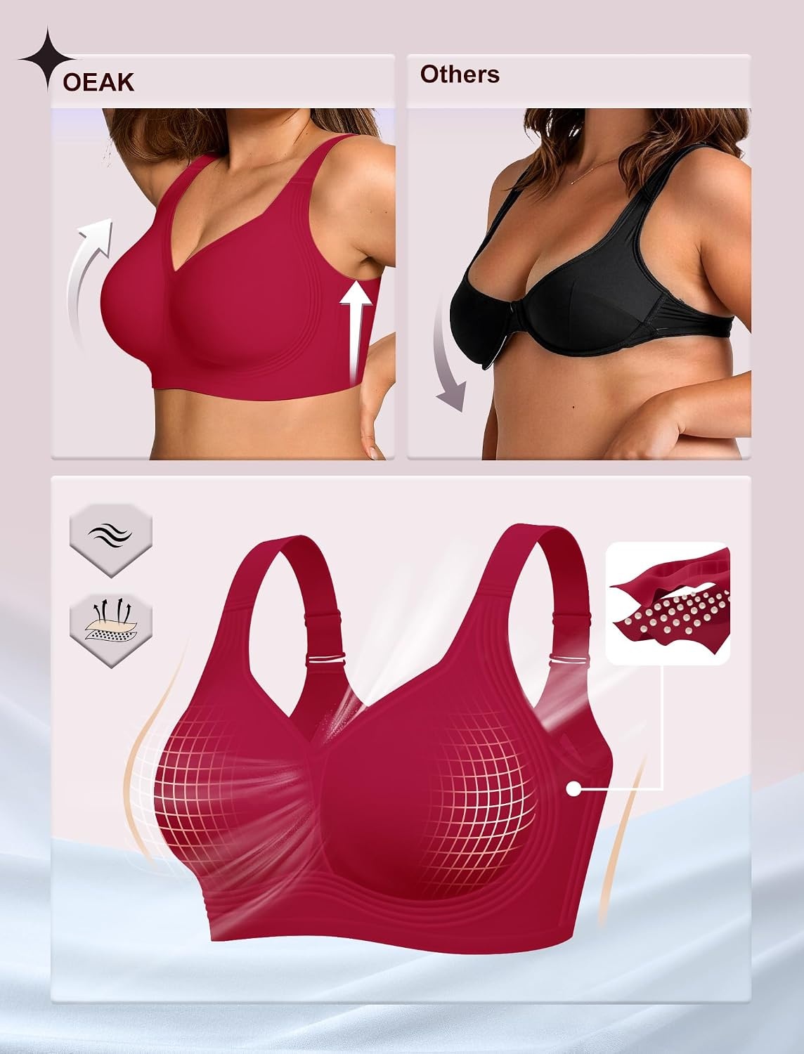 image:imageOEAK Womens Wireless Jelly Bras Plus Size Support Push Up Comfortable BraWine Red