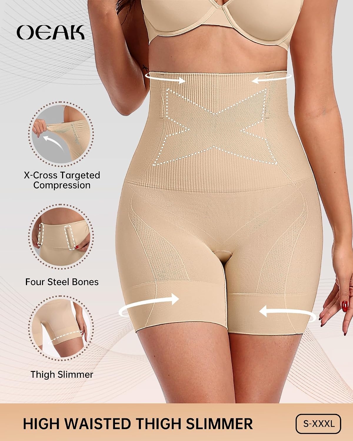 image:imageOEAK Womens Wireless V Mesh Bras MTummy Control Shapewear Thigh Slimmer Nude M