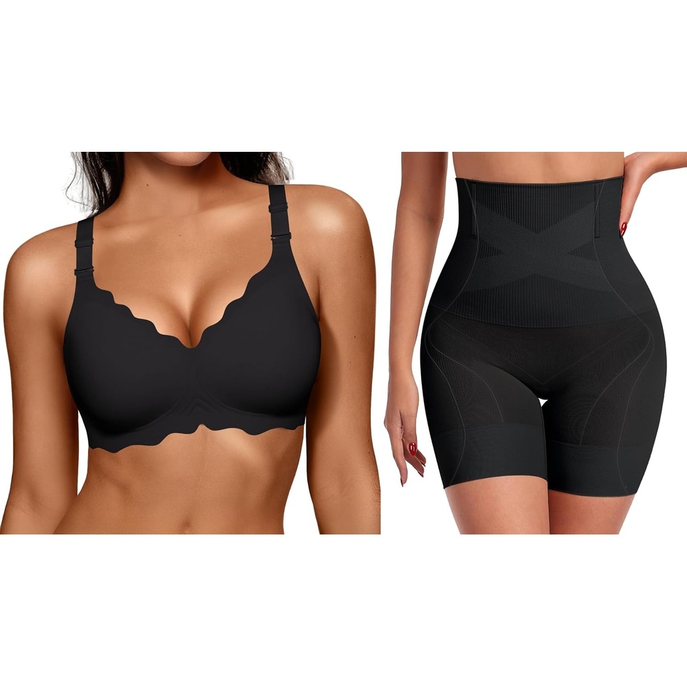 image:imageOEAK Women Scalloped Push Up Bras Black XLTummy Control Shapewear Thigh Slimmer Black XL