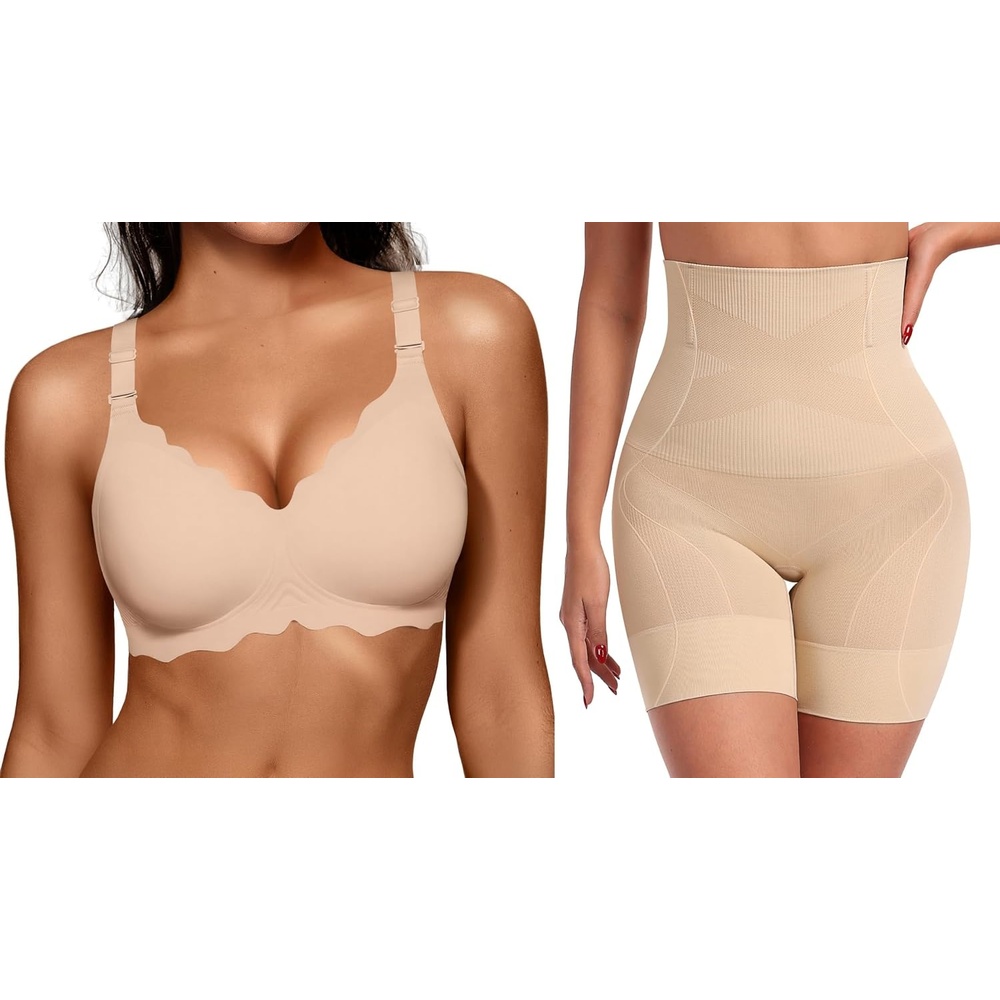 image:imageOEAK Women Scalloped Push Up Bras Nude XLTummy Control Shapewear Thigh Slimmer Nude XL