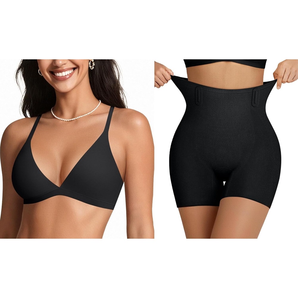 image:imageOEAK Women Tummy Control Shapewear Black SComfort Triangle Bra Plunge Unlined Bralettes Black S