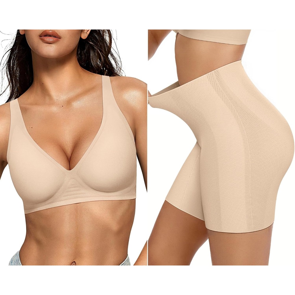 image:imageOEAK Womens Deep V Bras Wireless Bras Beige amp Tummy Control Shapewear for Women Seamless Nude M