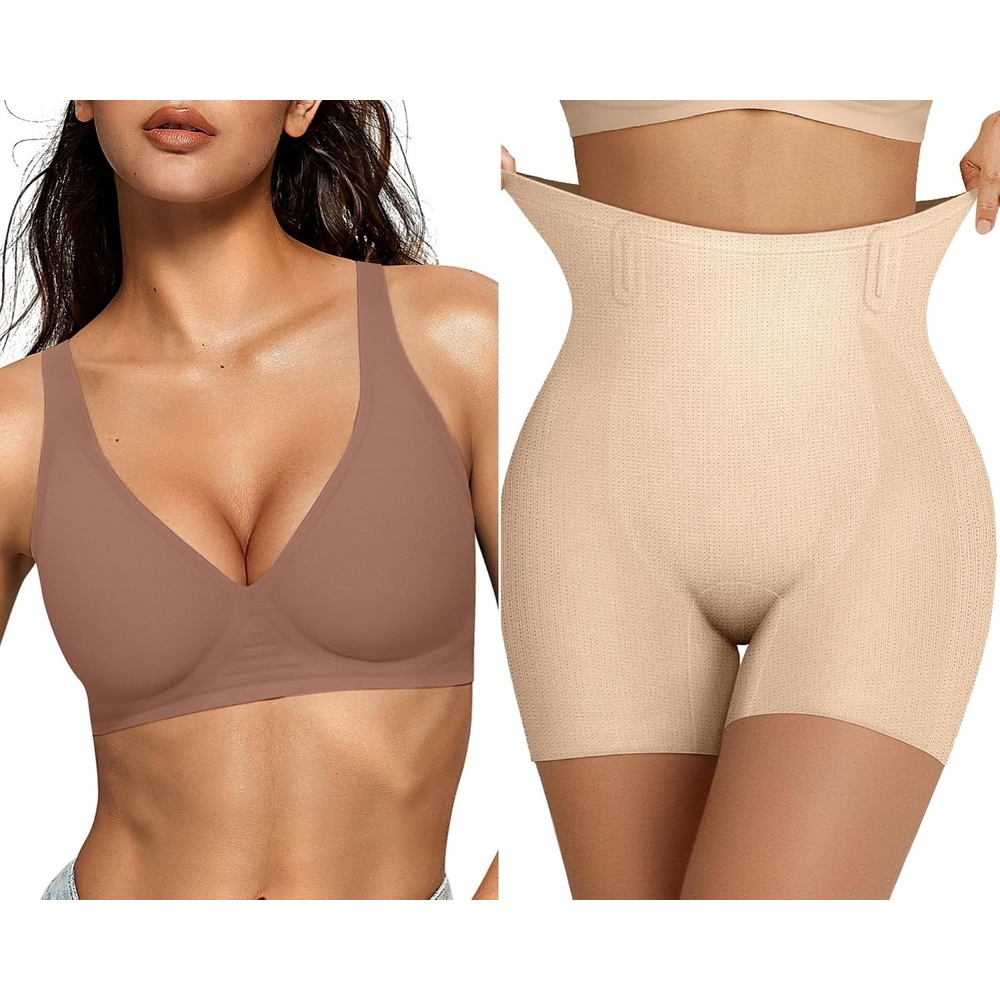 image:imageOEAK Womens Deep V Bras Wireless Bras Coffee amp Tummy Control Shapewear for Women Seamless Nude S