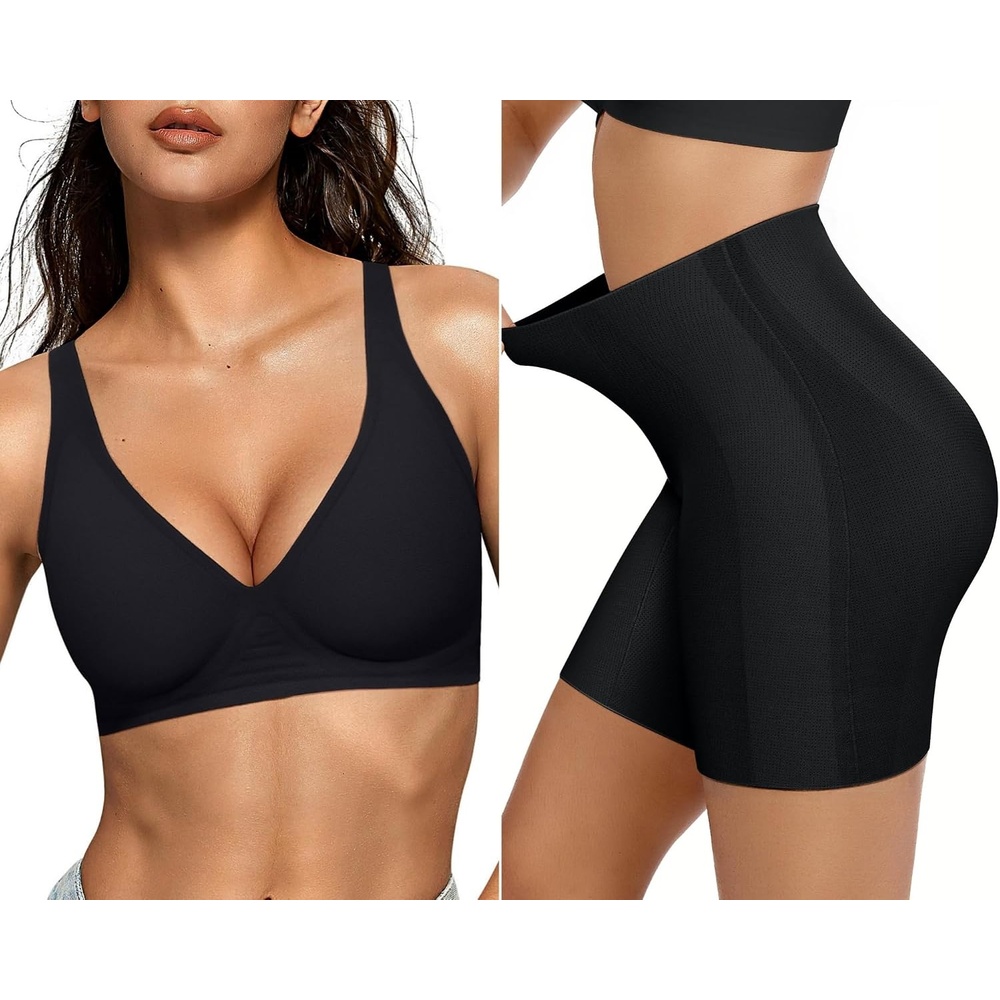 image:imageOEAK Womens Deep V Bras Wireless Bras amp Tummy Control Shapewear Seamless Black M