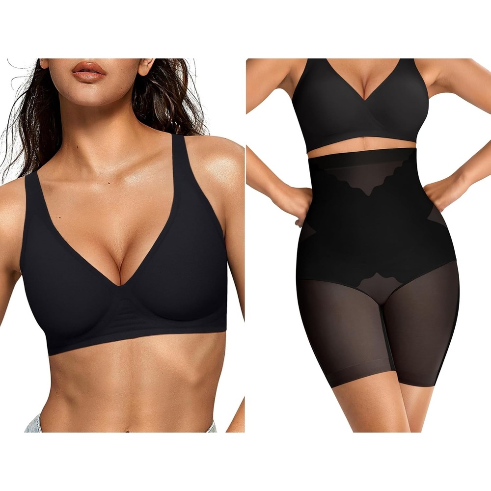image:imageOEAK Womens Deep V Bras Wireless amp Tummy Control Shapewear SuperPower Black M