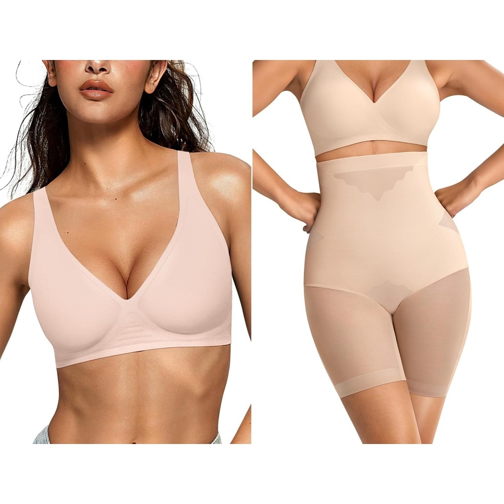 image:imageOEAK Womens Deep V Bras Wireless amp Tummy Control Shapewear SuperPower Nude S