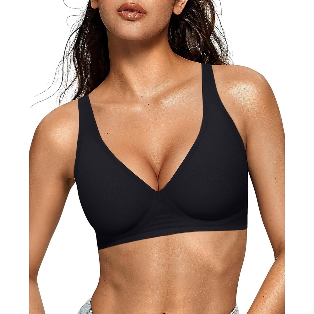 image:imageOEAK Womens Jelly Bras Wireless Deep V Bralette Comfy Push Up Tshirt BrasBlack