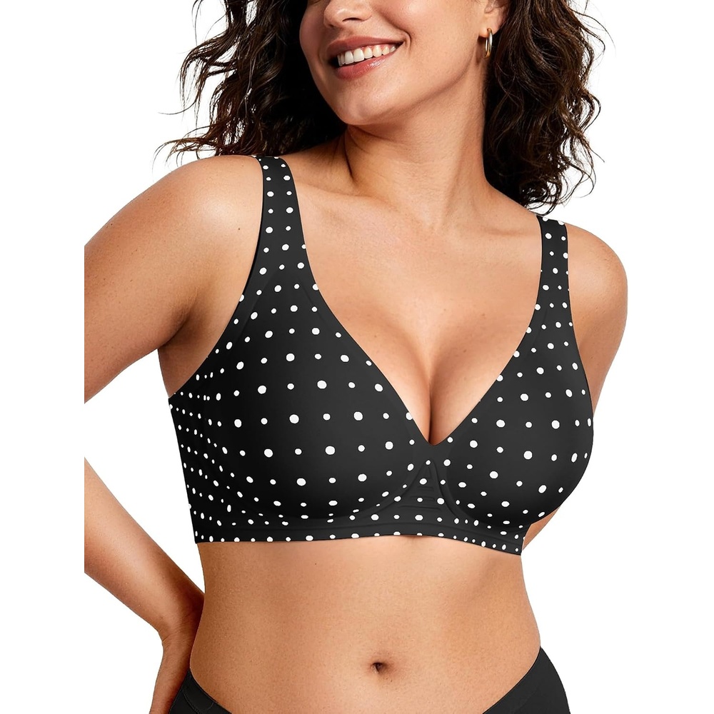 image:imageOEAK Womens Jelly Bras Wireless Deep V Bralette Comfy Push Up Tshirt BrasBlack Polka Dot
