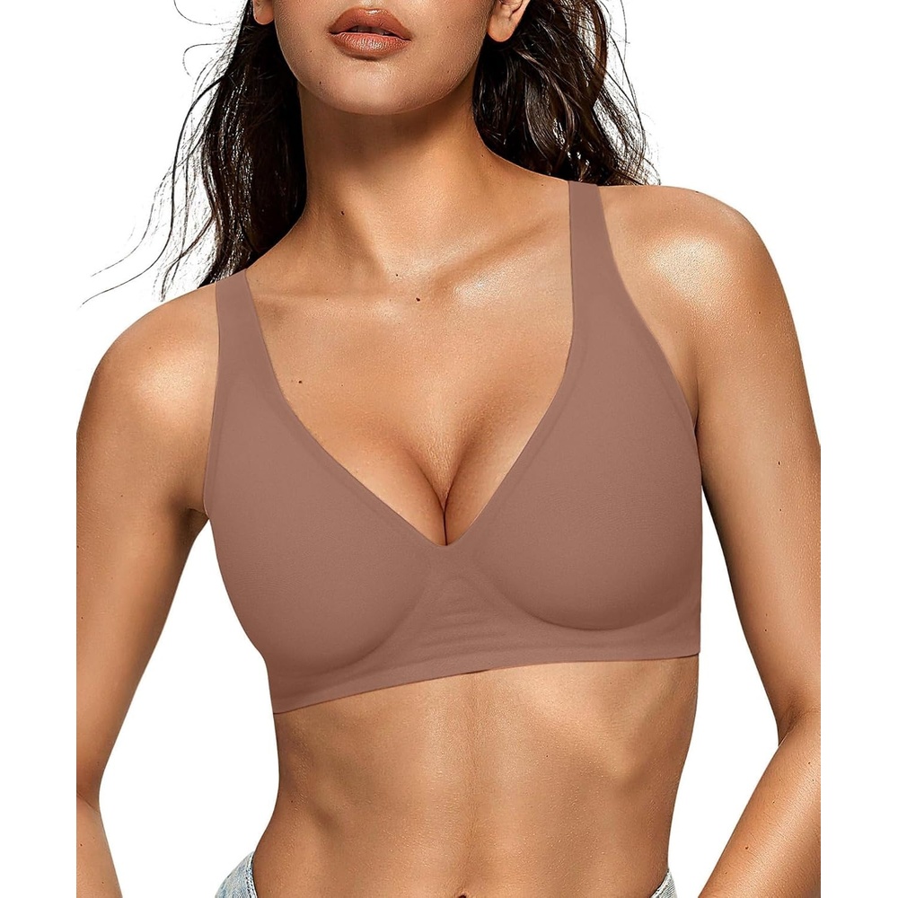 image:imageOEAK Womens Jelly Bras Wireless Deep V Bralette Comfy Push Up Tshirt BrasCoffee