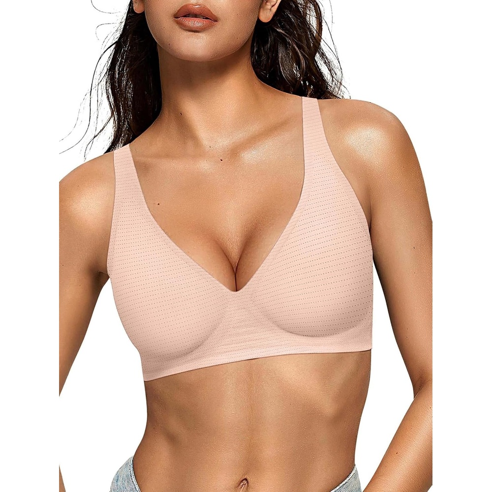image:imageOEAK Womens Jelly Bras Wireless Deep V Bralette Comfy Push Up Tshirt BrasCool Nude