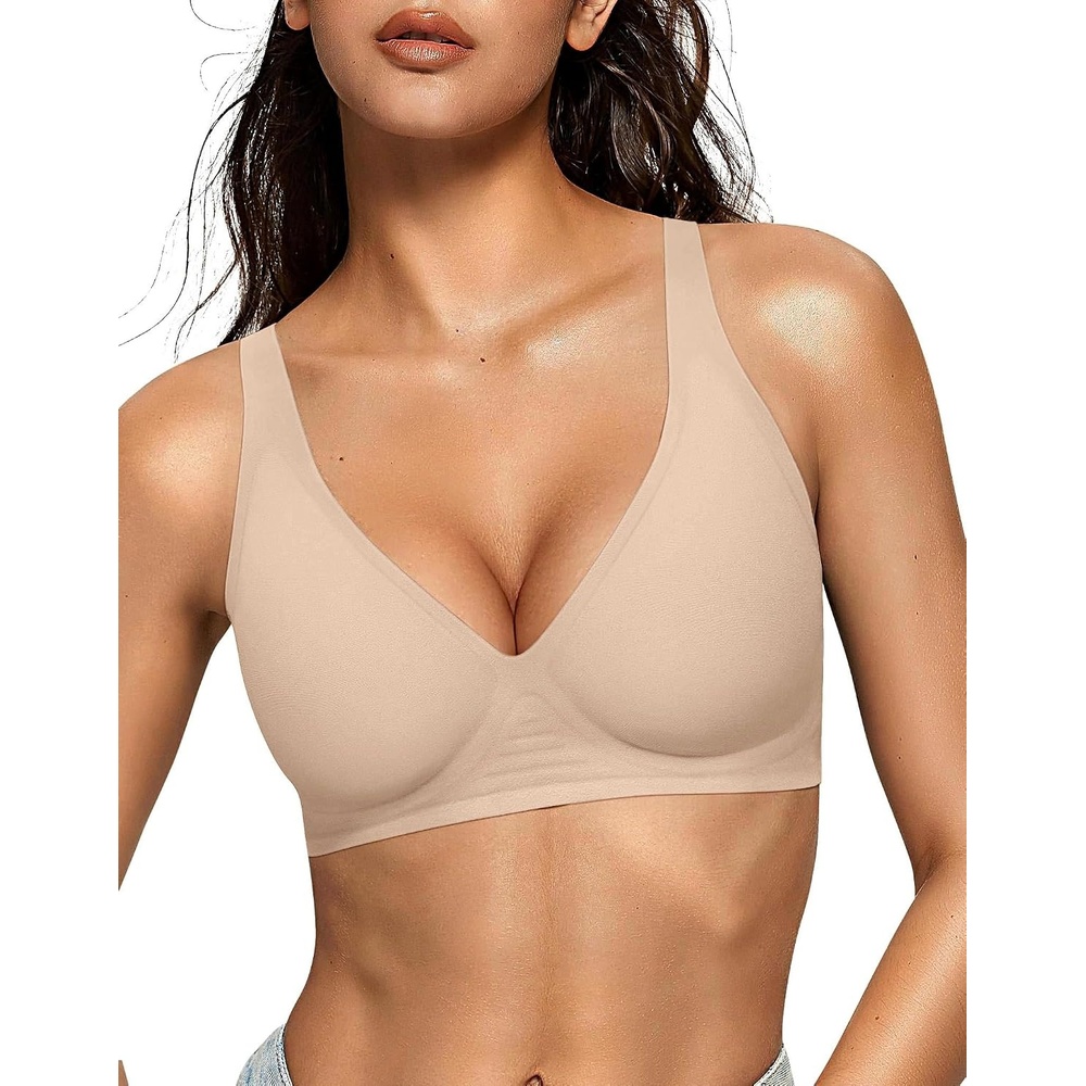 image:imageOEAK Womens Jelly Bras Wireless Deep V Bralette Comfy Push Up Tshirt BrasDark Beige