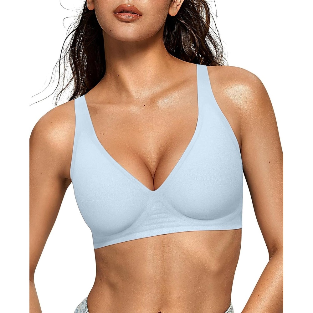 image:imageOEAK Womens Jelly Bras Wireless Deep V Bralette Comfy Push Up Tshirt BrasSky Blue