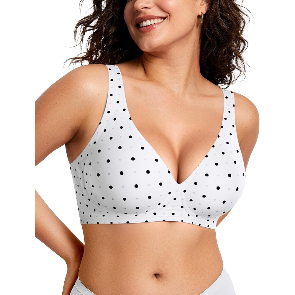 image:imageOEAK Womens Jelly Bras Wireless Deep V Bralette Comfy Push Up Tshirt BrasWhite Polka Dot