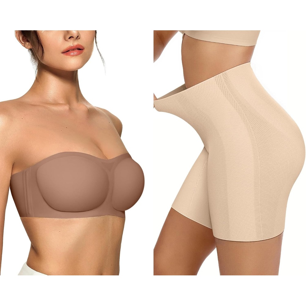 image:imageOEAK Womens Strapless Bras Push Up Bandeau Bra Coffee amp Tummy Control Shapewear Nude M