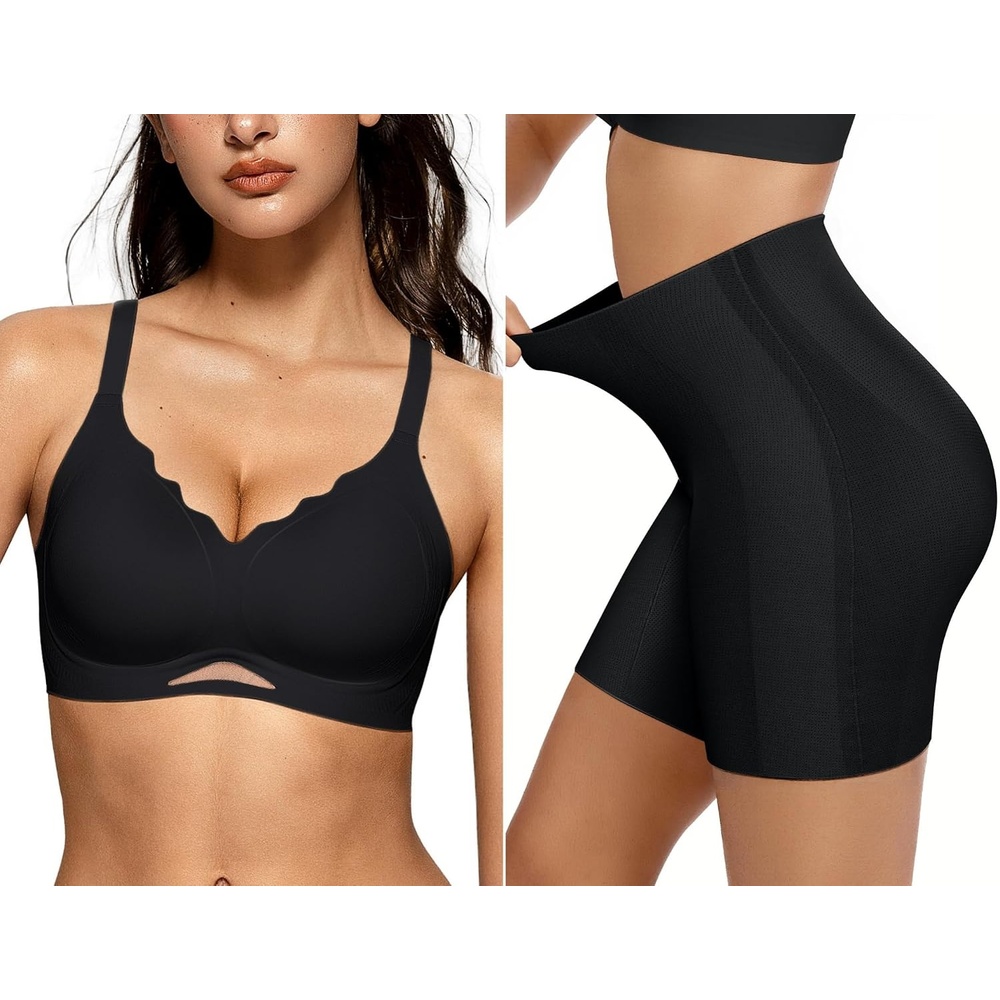 image:imageOEAK Womens Wireless Bras Scalloped amp Tummy Control Shapewear Seamless Black XL