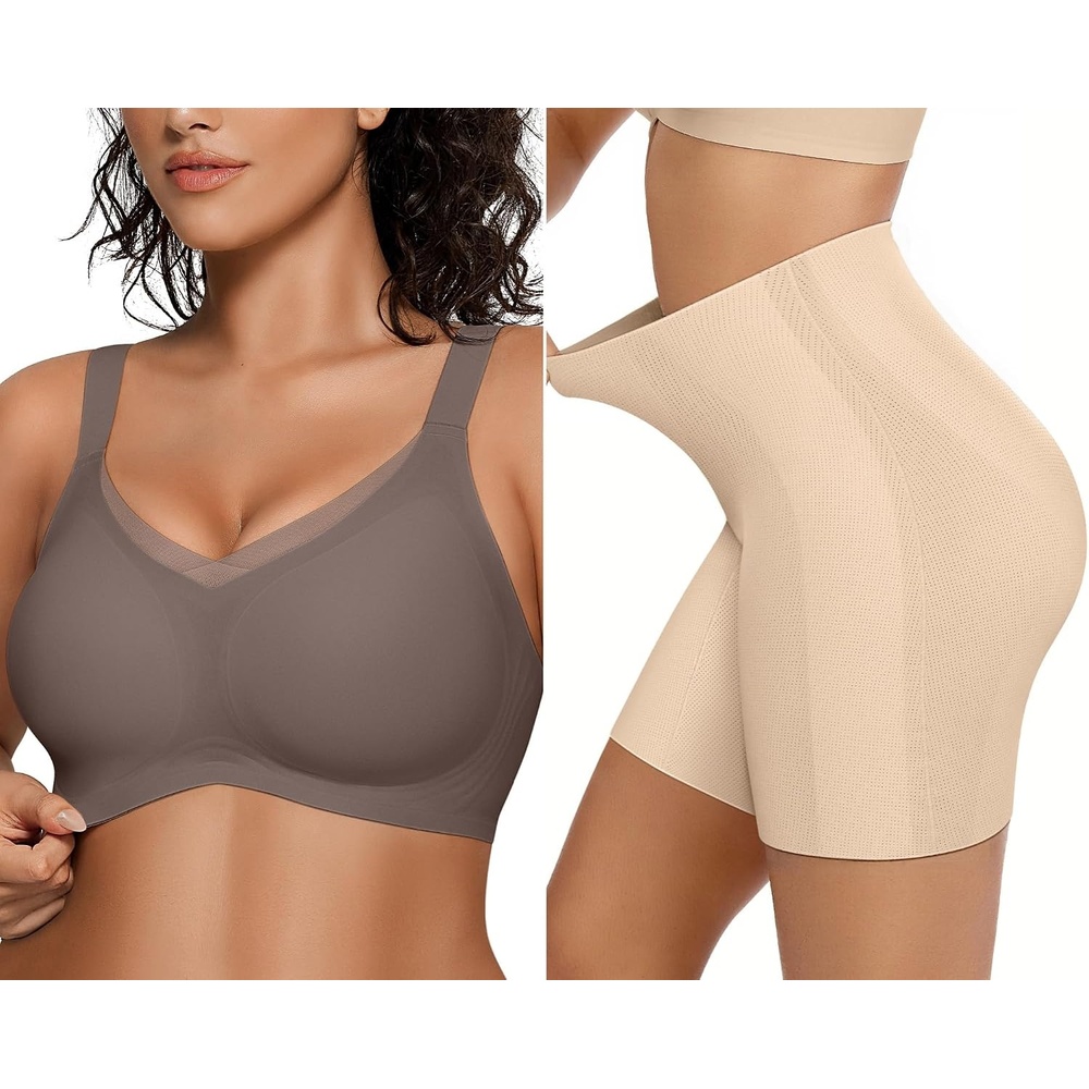 image:imageOEAK Womens Wireless Bras V Mesh Comfortable Grey amp Tummy Control Shapewear Nude S