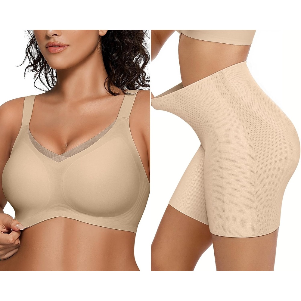 image:imageOEAK Womens Wireless Bras V Mesh Comfortable Semolina amp Tummy Control Shapewear Nude XXL