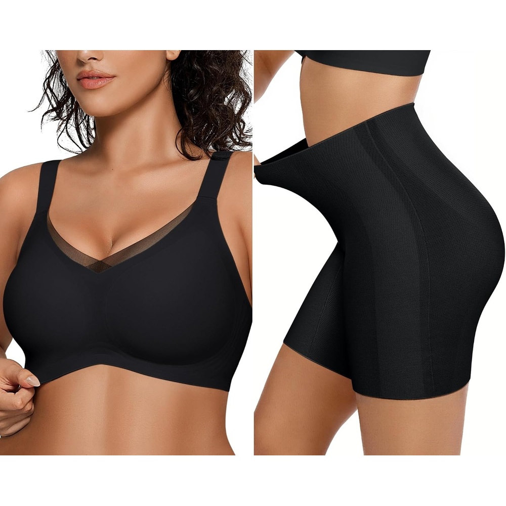 image:imageOEAK Womens Wireless Bras V Mesh Comfortable amp Tummy Control Shapewear Black M