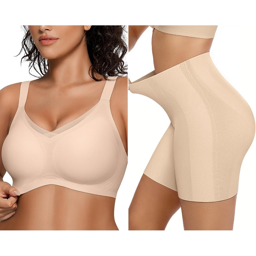 image:imageOEAK Womens Wireless Bras V Mesh Comfortable amp Tummy Control Shapewear Nude M