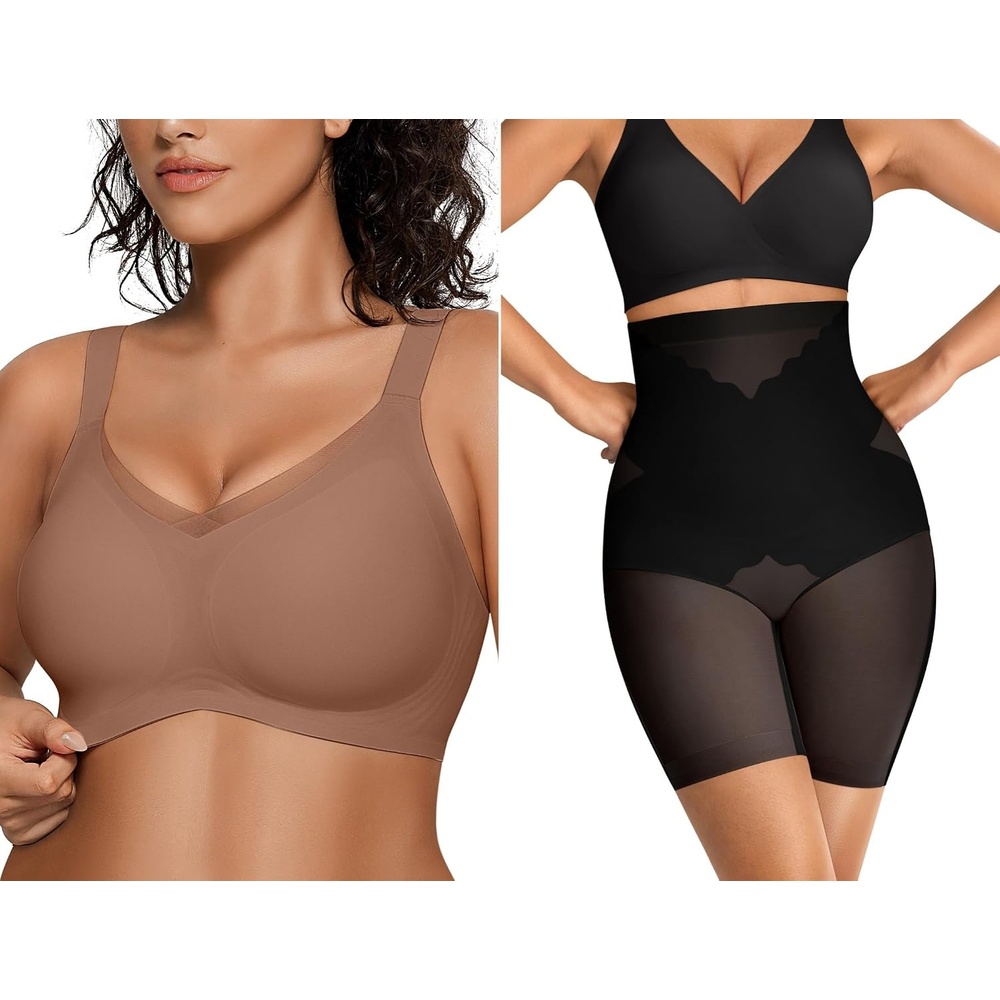 image:imageOEAK Womens Wireless Bras V Mesh Khaki amp Tummy Control Superpower Black XL